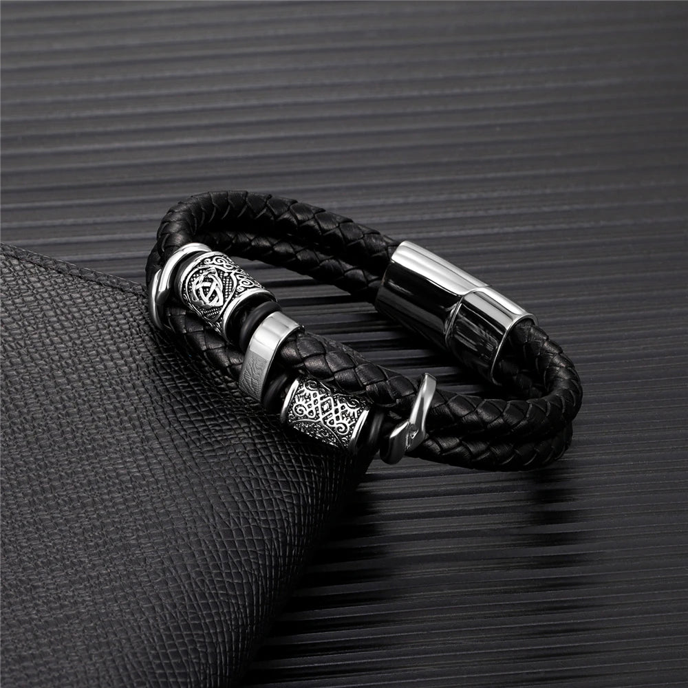 🛡️ VikingEdge™ – Men’s Punk Viking Leather Bracelet with Norse Rune Beads
