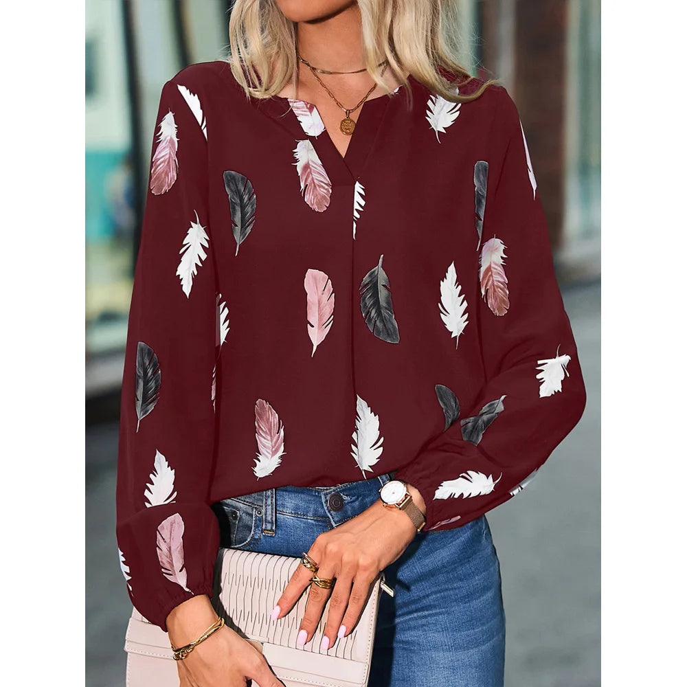 ✨ Elegant Feather Pattern Chiffon Blouse for Women – Long Sleeve Fashion Top