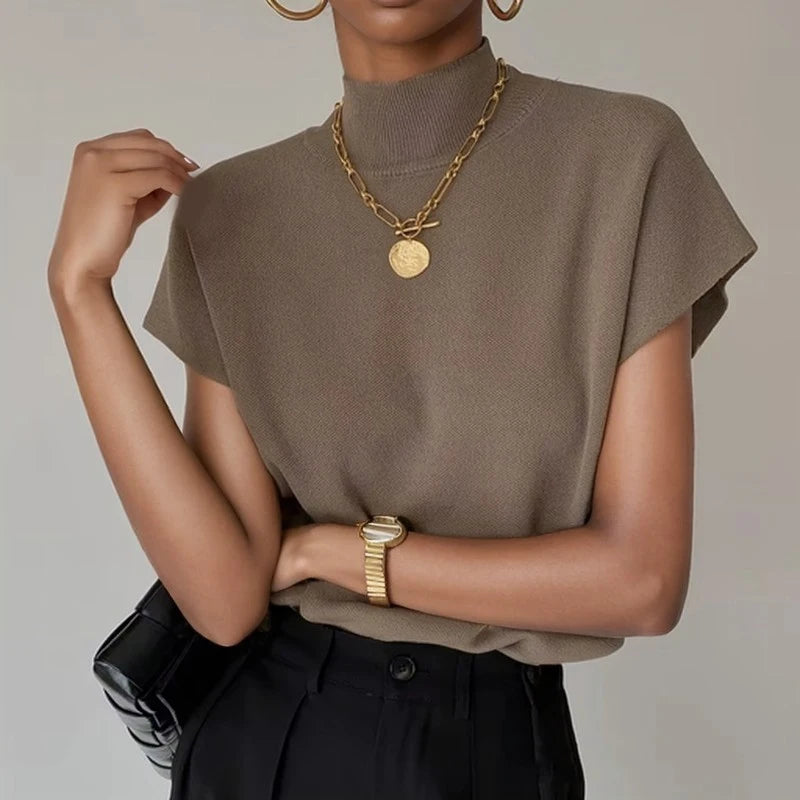 👚 ElegaKnit™ – Women's Slim Knitted Stand Collar Top