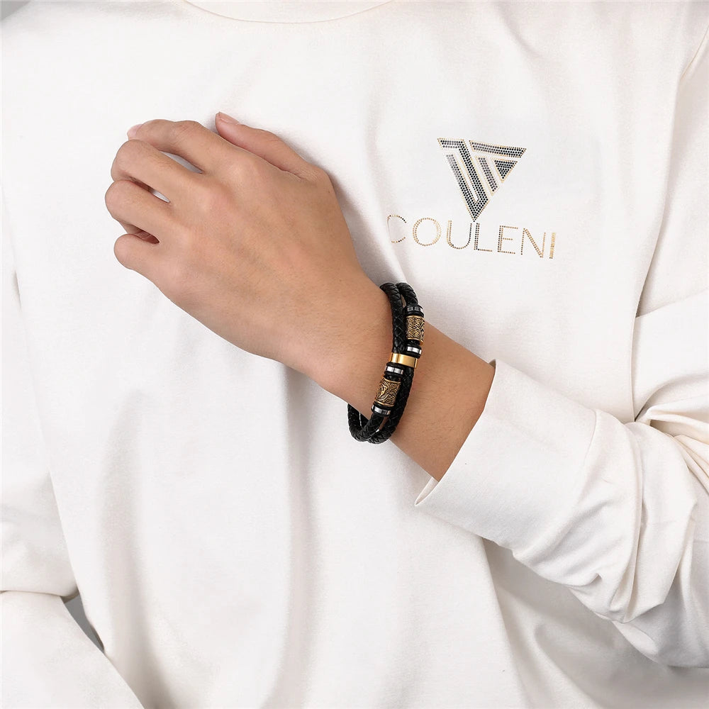 🛡️ VikingEdge™ – Men’s Punk Viking Leather Bracelet with Norse Rune Beads