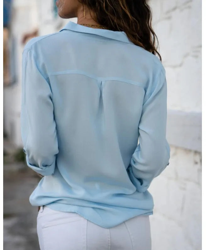 Vintage Autumn Women's Shirt – Polo Collar Button-Up Office Blouse