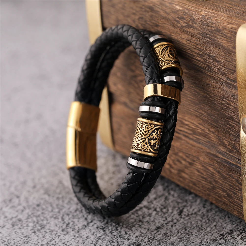 🛡️ VikingEdge™ – Men’s Punk Viking Leather Bracelet with Norse Rune Beads
