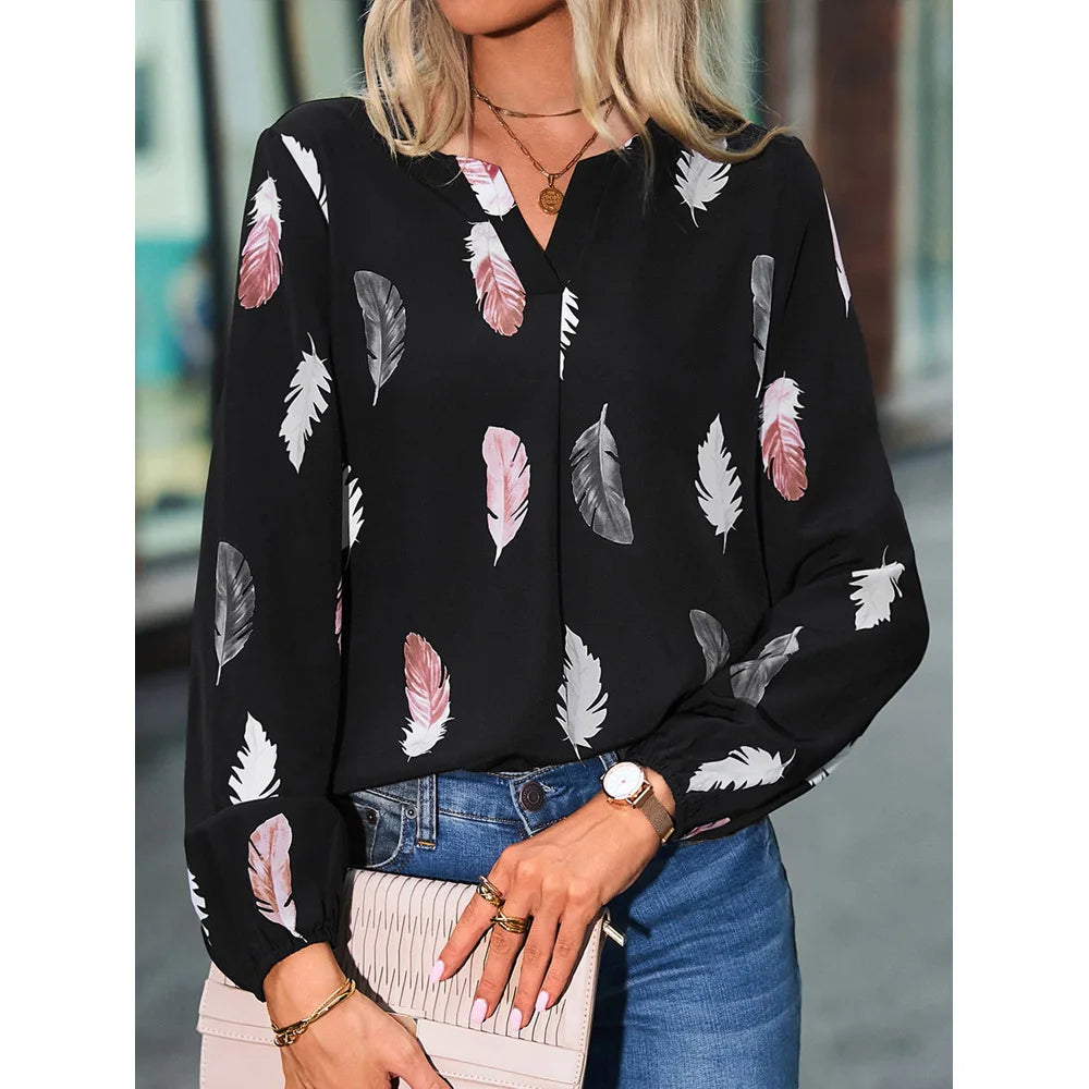 ✨ Elegant Feather Pattern Chiffon Blouse for Women – Long Sleeve Fashion Top