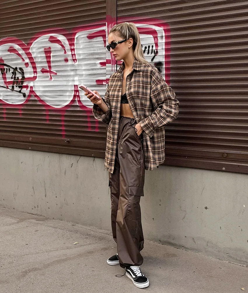 Vintage Plaid Checkered Shirt for Women – Long Sleeve Casual Blouse