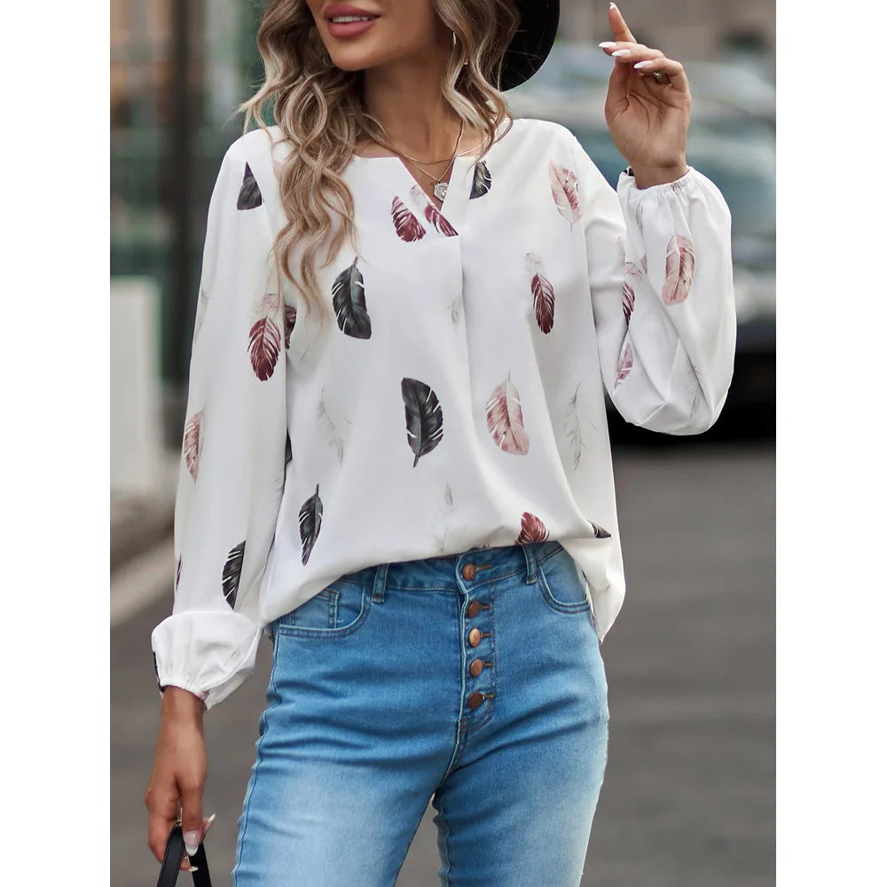 ✨ Elegant Feather Pattern Chiffon Blouse for Women – Long Sleeve Fashion Top
