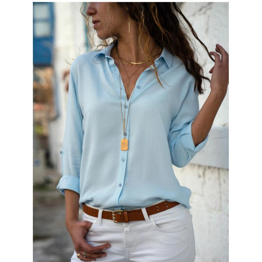 Vintage Autumn Women's Shirt – Polo Collar Button-Up Office Blouse