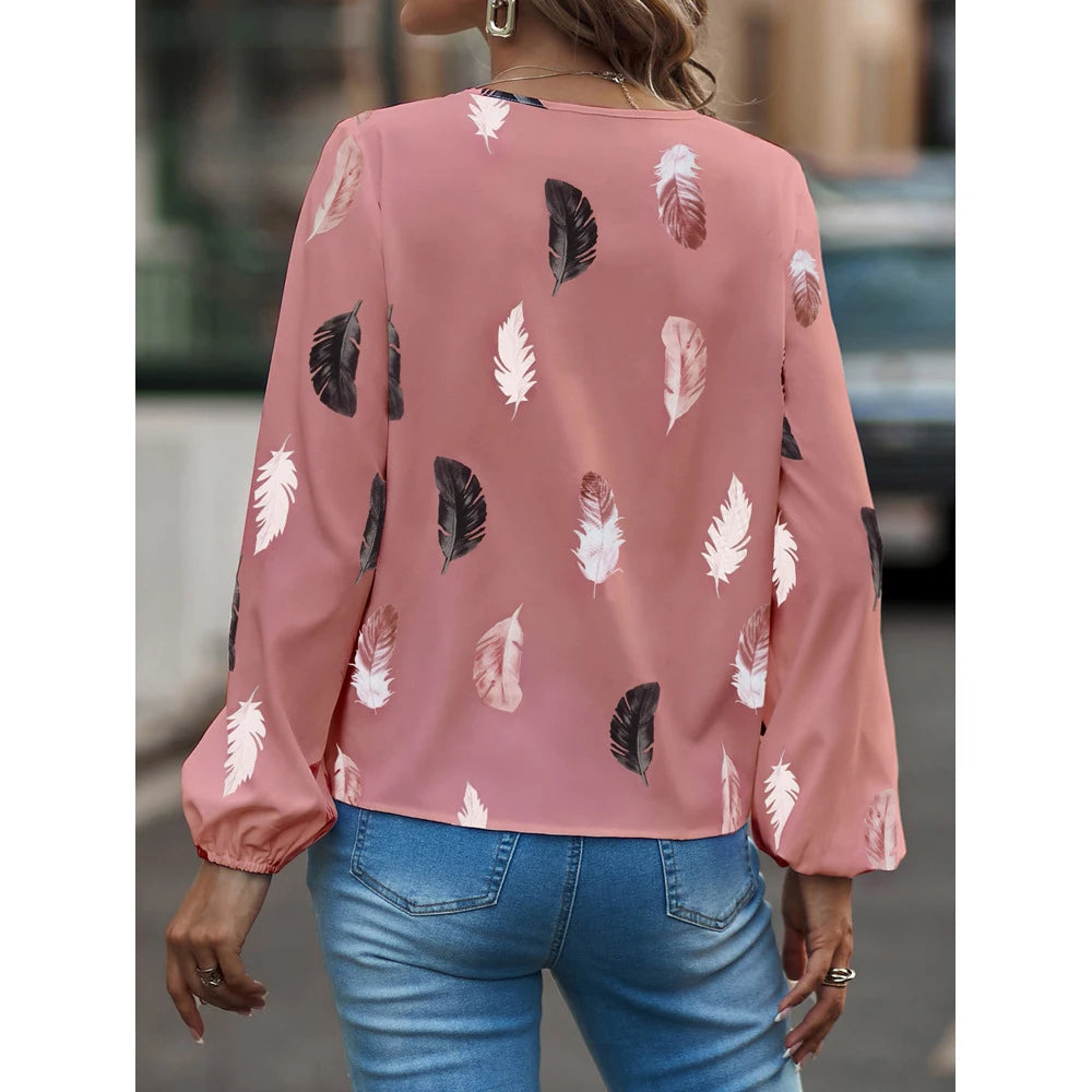 ✨ Elegant Feather Pattern Chiffon Blouse for Women – Long Sleeve Fashion Top