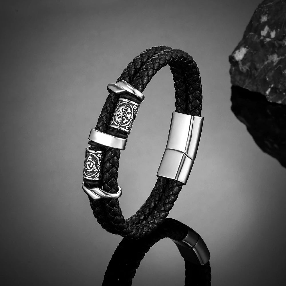 🛡️ VikingEdge™ – Men’s Punk Viking Leather Bracelet with Norse Rune Beads
