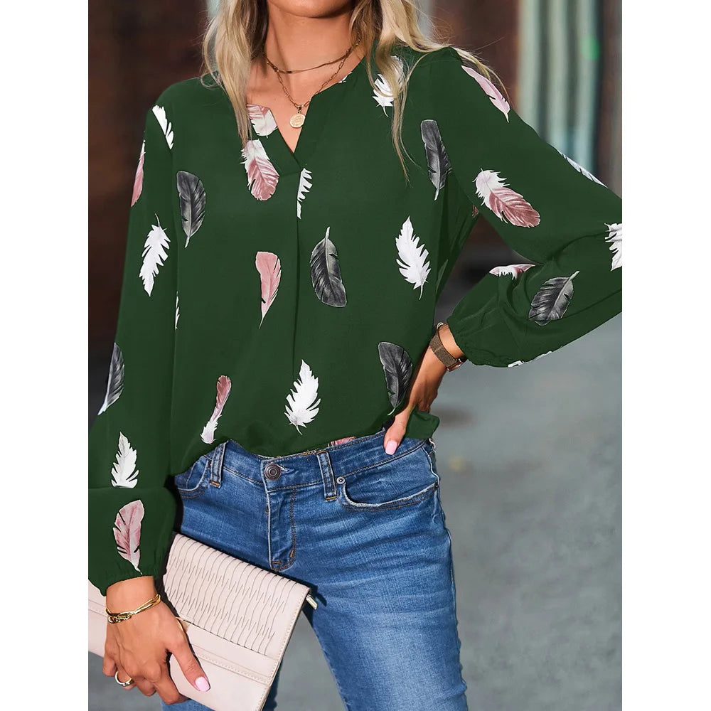 ✨ Elegant Feather Pattern Chiffon Blouse for Women – Long Sleeve Fashion Top