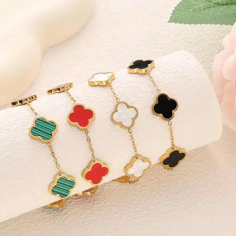 🍀 LuxeClover™ – Four-Leaf Clover Stainless Steel Bracelet with Mother-of-Pearl