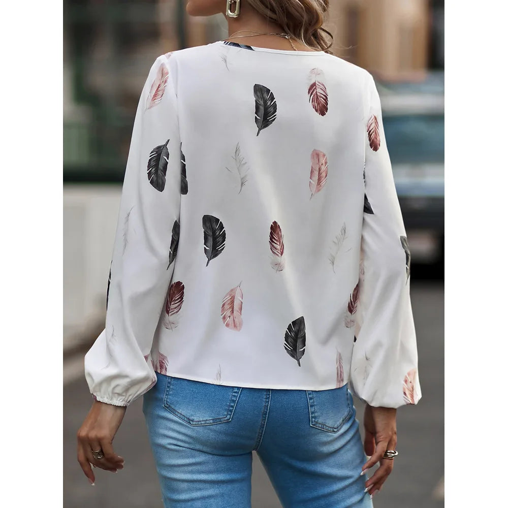 ✨ Elegant Feather Pattern Chiffon Blouse for Women – Long Sleeve Fashion Top