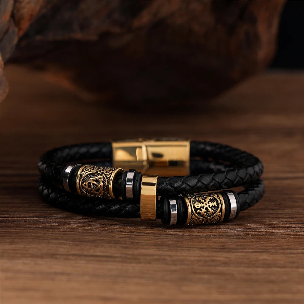 🛡️ VikingEdge™ – Men’s Punk Viking Leather Bracelet with Norse Rune Beads