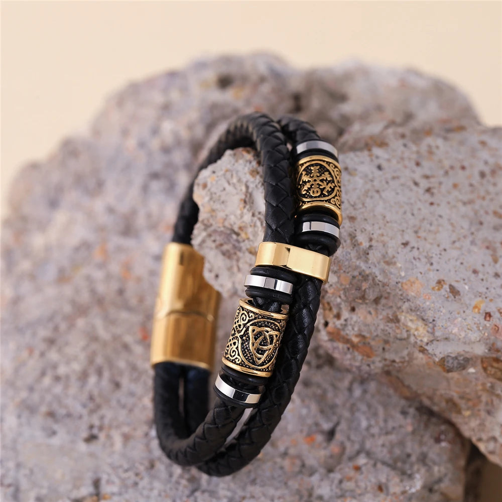 🛡️ VikingEdge™ – Men’s Punk Viking Leather Bracelet with Norse Rune Beads