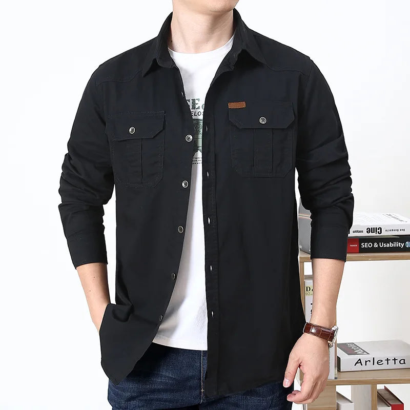 👕 Men’s Military Denim Shirt – 100% Cotton Long Sleeve Outdoor Casual Hiking Shirt