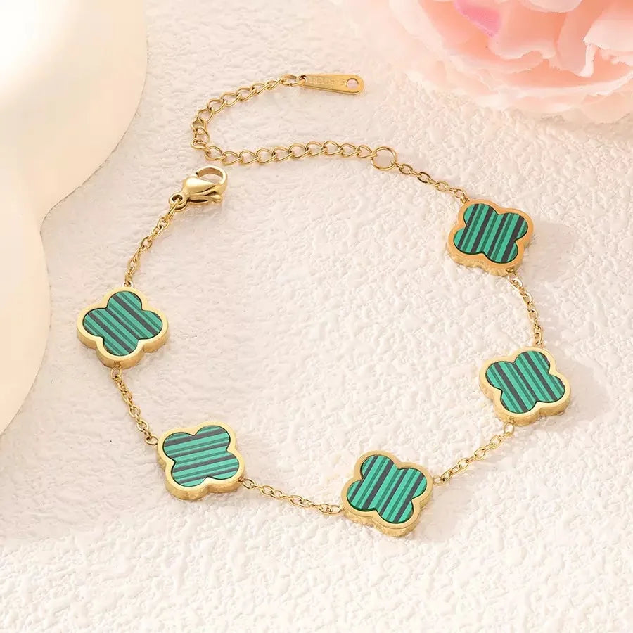 🍀 LuxeClover™ – Four-Leaf Clover Stainless Steel Bracelet with Mother-of-Pearl