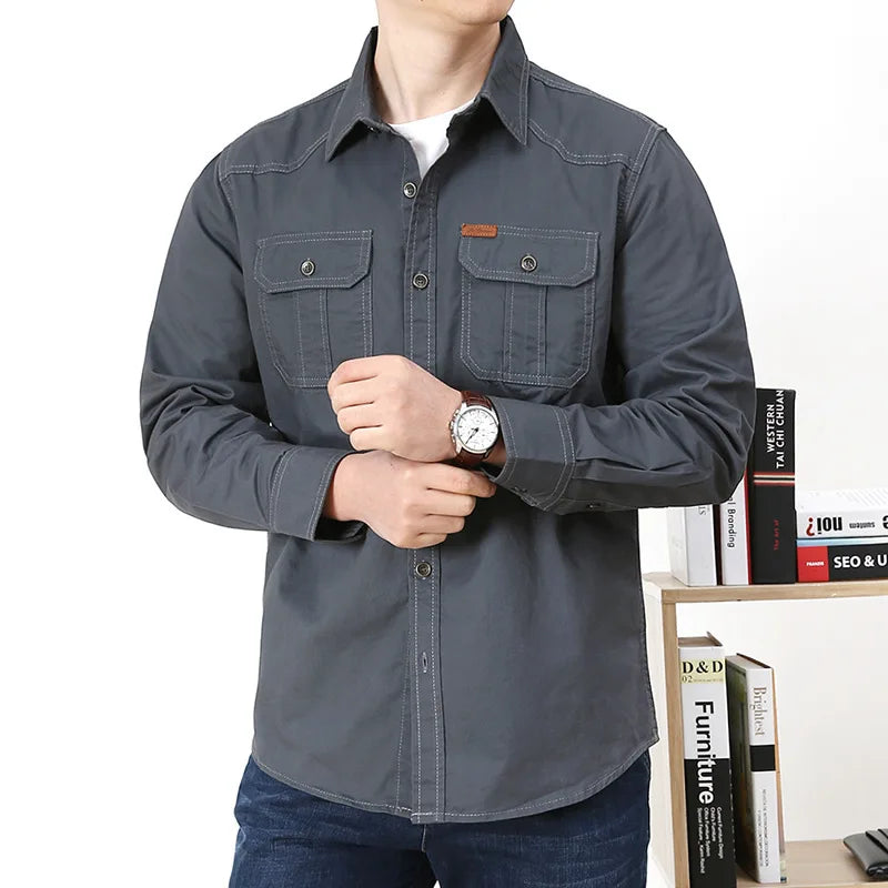 👕 Men’s Military Denim Shirt – 100% Cotton Long Sleeve Outdoor Casual Hiking Shirt