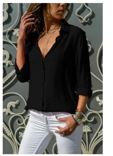 Vintage Autumn Women's Shirt – Polo Collar Button-Up Office Blouse