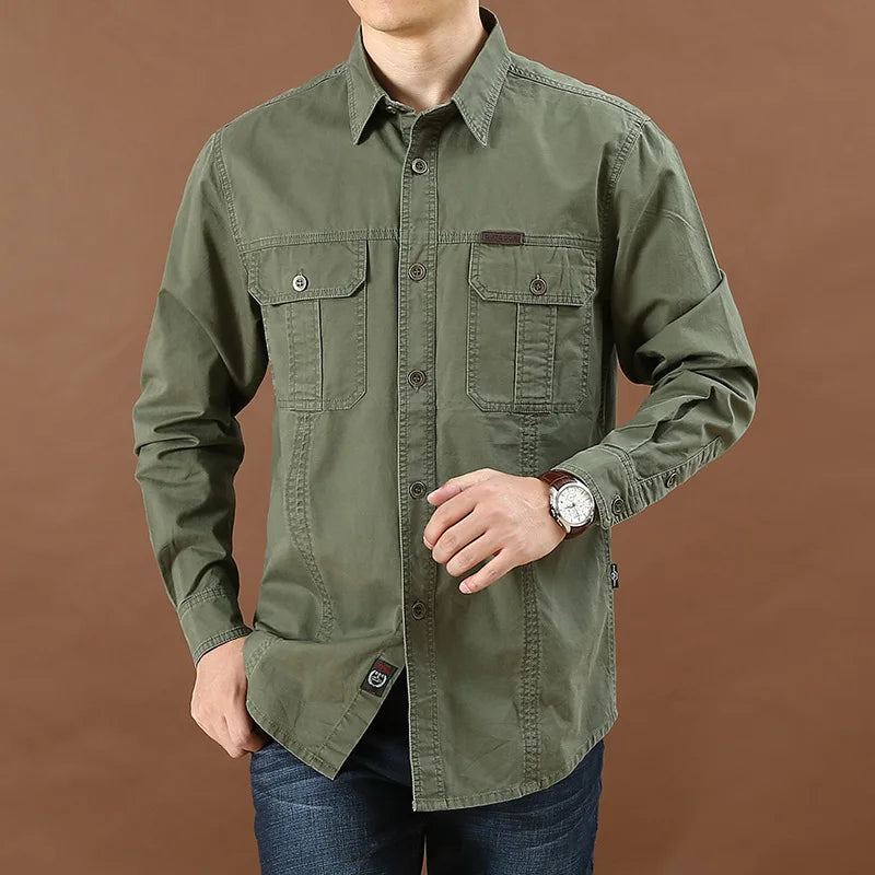 👕 Men’s Military Denim Shirt – 100% Cotton Long Sleeve Outdoor Casual Hiking Shirt