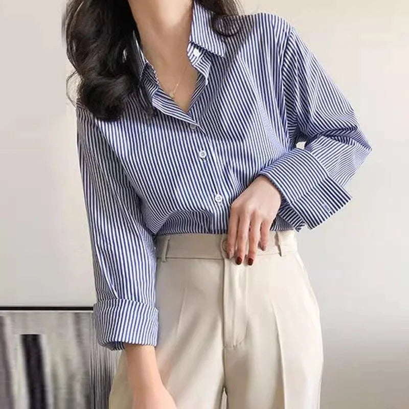 Classic Striped Women's Lantern Sleeve Blouse – Elegant Stand Collar Loose Top
