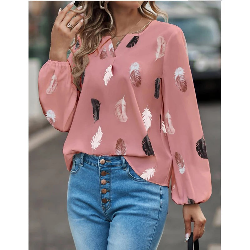 ✨ Elegant Feather Pattern Chiffon Blouse for Women – Long Sleeve Fashion Top