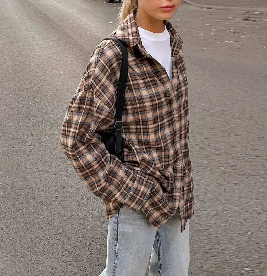 Vintage Plaid Checkered Shirt for Women – Long Sleeve Casual Blouse