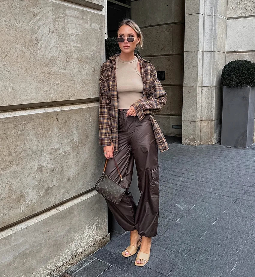 Vintage Plaid Checkered Shirt for Women – Long Sleeve Casual Blouse