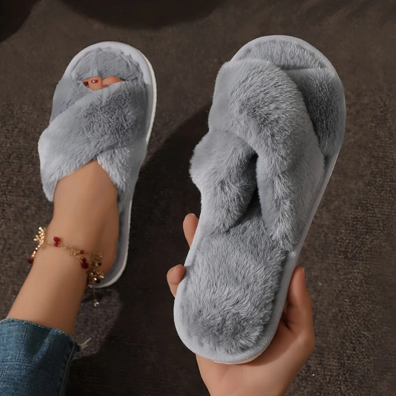 🐾 FurEase™ – Women’s Fluffy Cross Winter Slippers