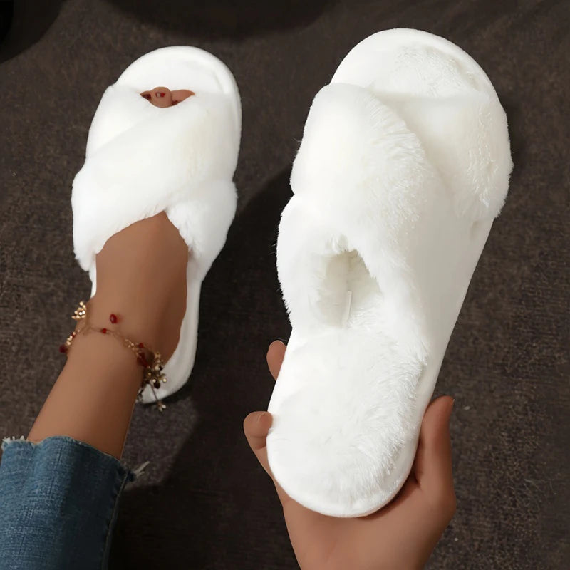 🐾 FurEase™ – Women’s Fluffy Cross Winter Slippers