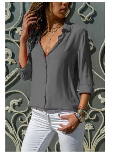 Vintage Autumn Women's Shirt – Polo Collar Button-Up Office Blouse