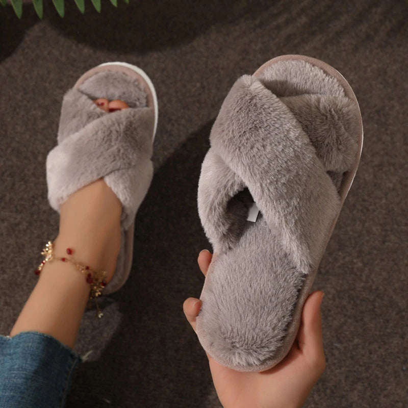 🐾 FurEase™ – Women’s Fluffy Cross Winter Slippers