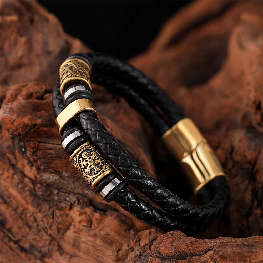 🛡️ VikingEdge™ – Men’s Punk Viking Leather Bracelet with Norse Rune Beads