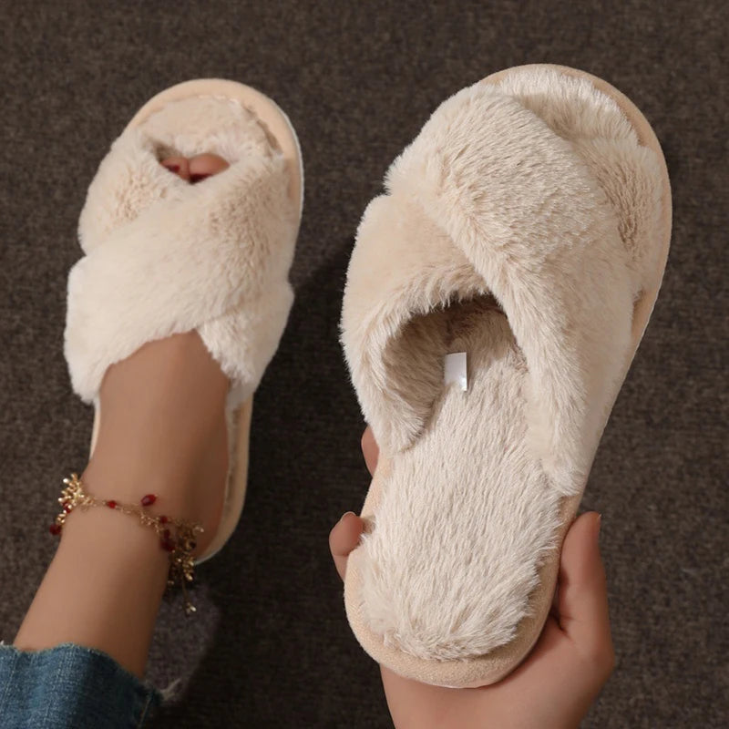 🐾 FurEase™ – Women’s Fluffy Cross Winter Slippers