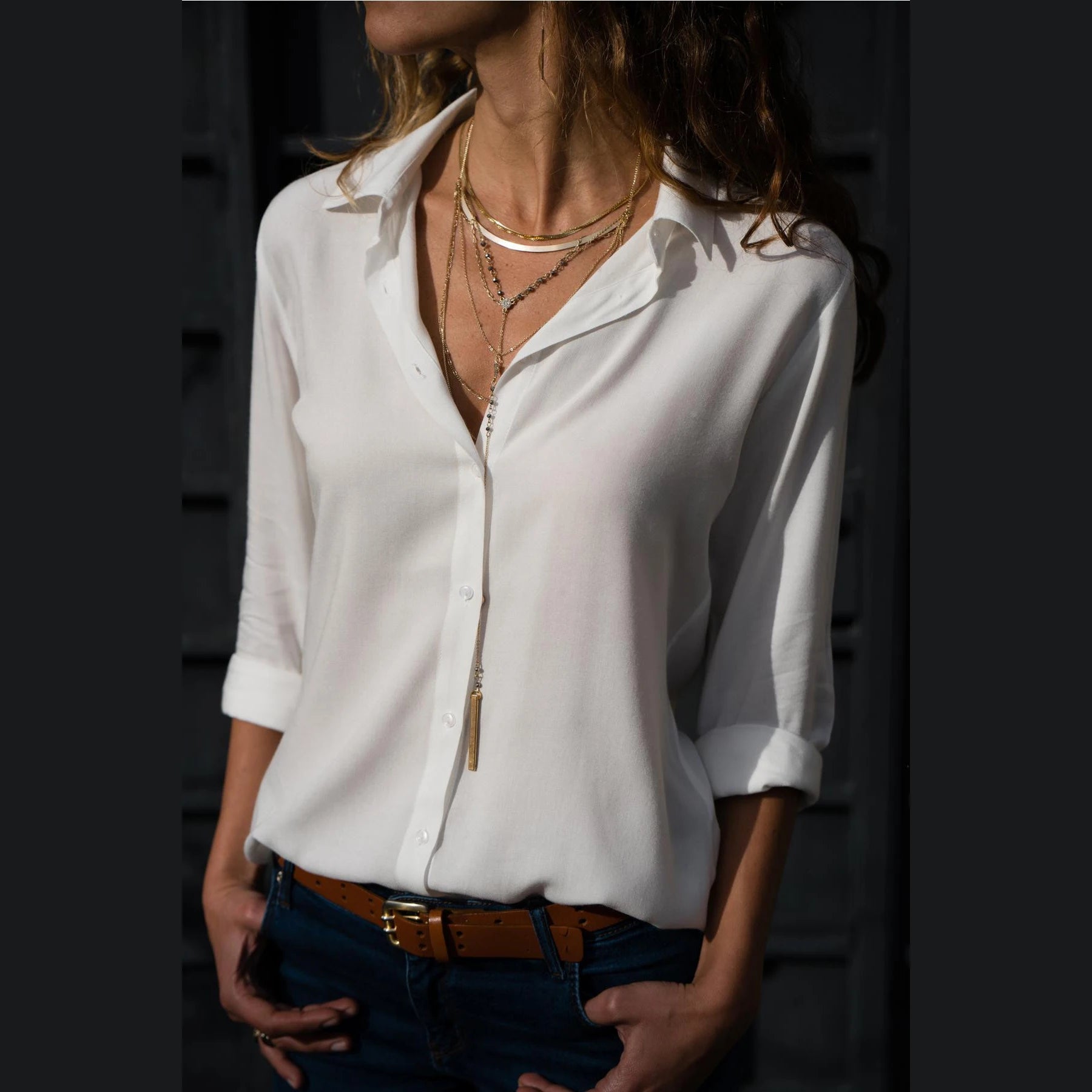 Vintage Autumn Women's Shirt – Polo Collar Button-Up Office Blouse